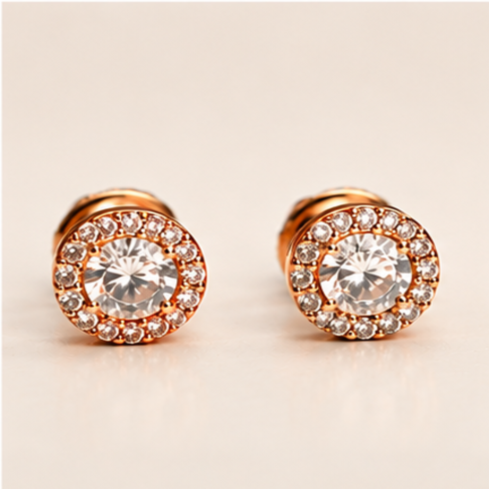 Rose Gold Round Halo Solitaire Stud Earrings