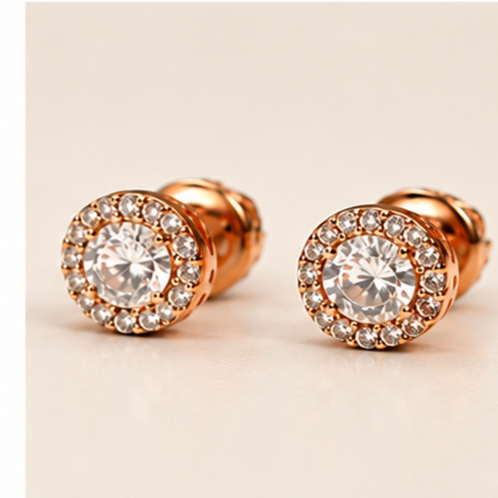 Rose Gold Round Halo Solitaire Stud Earrings