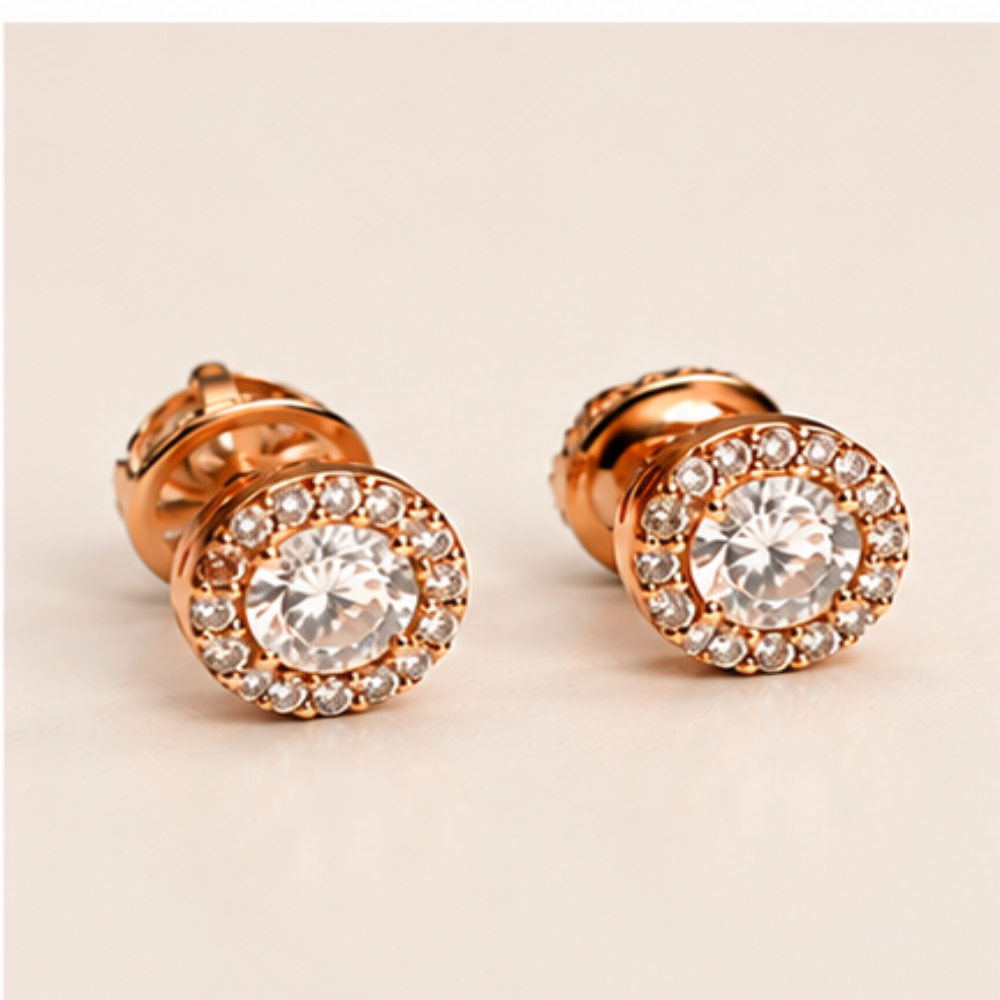 Rose Gold Round Halo Solitaire Stud Earrings